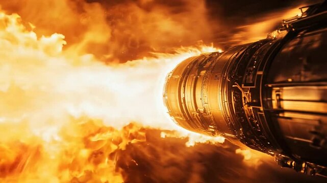 Close-up view of a jet engine expelling a powerful stream of fiery exhaust, showcasing intense heat and engineering precision in a dynamic and dramatic scene