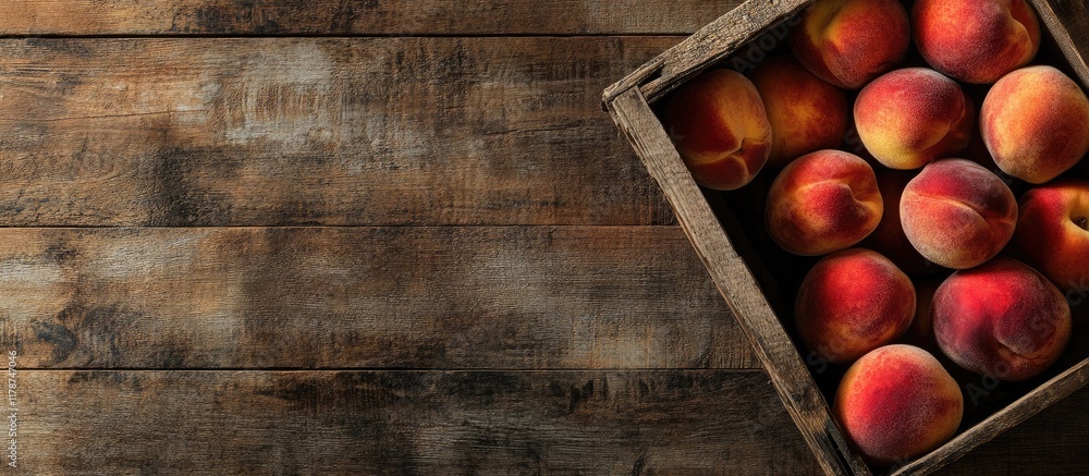 Poster fresh ripe peaches in a wooden crate on rustic table with ample copy space for text or design elemen