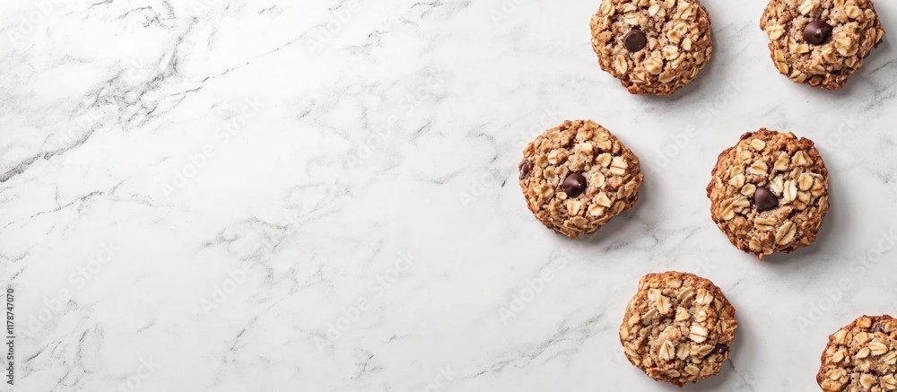 Poster top view of delicious rolled chocolate chip oatmeal cookies on a marble surface with space for your 