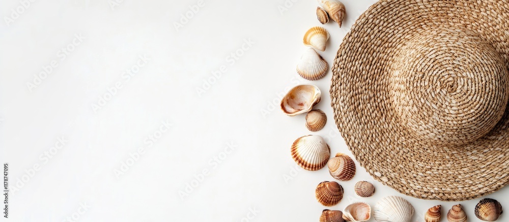 Poster straw hat and seashells arranged on a white background creating a coastal summer theme with space fo