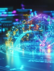 Obraz premium Vibrant 3D Render: Futuristic Network Globally Connecting. AI Generated