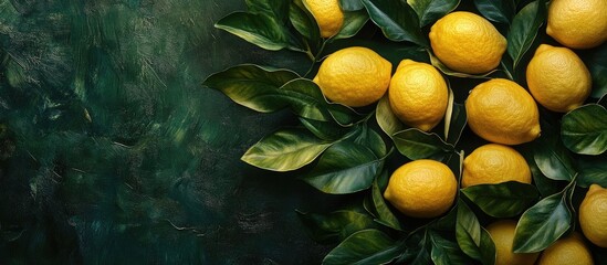 Ripe yellow lemons with green leaves on dark background providing space for text design or food related content