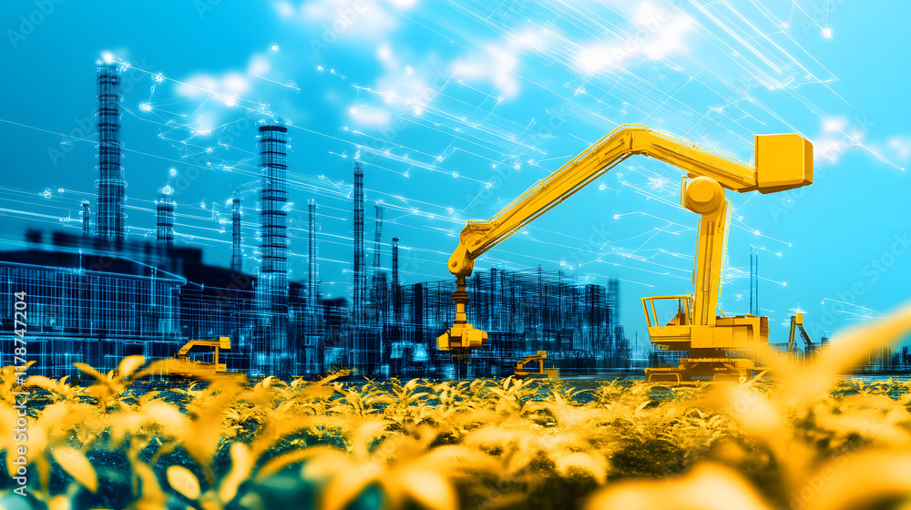 Poster a vibrant industrial scene featuring a robotic arm in a field, symbolizing the fusion of technology 