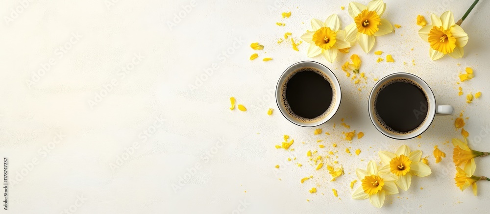 Aufkleber cheerful top view of two cups of black coffee surrounded by yellow daffodils on a light surface with