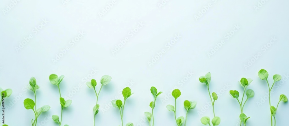 Poster vibrant light green cotyledon seedlings arranged creatively on a soft blue background with ample spa