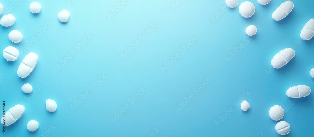 Poster array of assorted pills on a vibrant blue background creating a clear space for text or health-relat