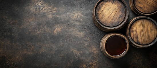 Fototapeta premium Top view of three rustic oak barrels arranged on a textured surface with ample space for custom text or branding elements