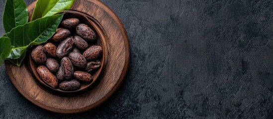 Top view of tonka beans and fresh leaves arranged on a wooden plate with a dark background and ample space for text or graphics