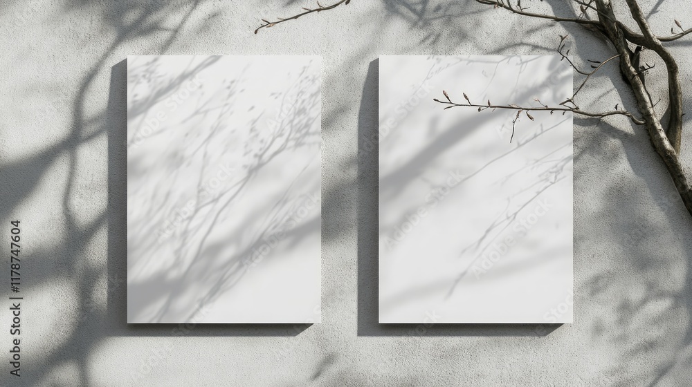 Poster two blank poster mockups with soft shadows from summer branches on a light grey concrete wall showca