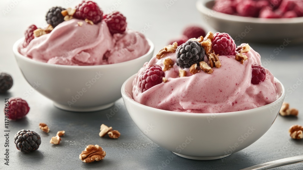 Poster frozen yogurt bowls topped with fresh berries and nuts served with a spoon on a rustic table setting