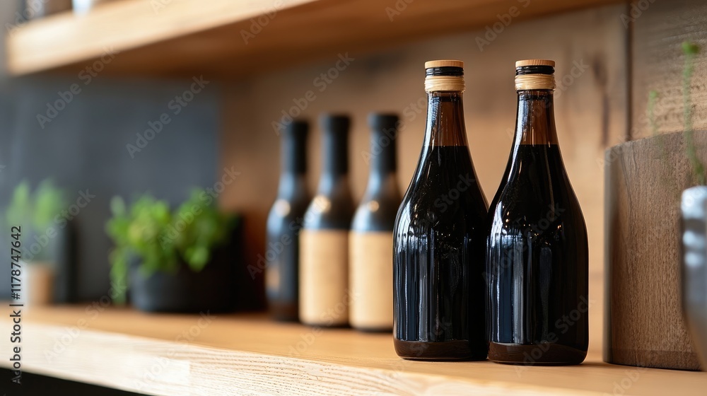 Poster two elegantly designed soy sauce bottles displayed on a rustic wooden shelf with assorted kitchen it