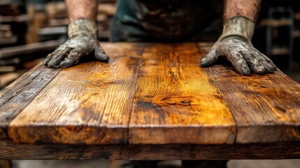 A craftsman applying epoxy resin to a wooden surface, showcasing detailed woodworking