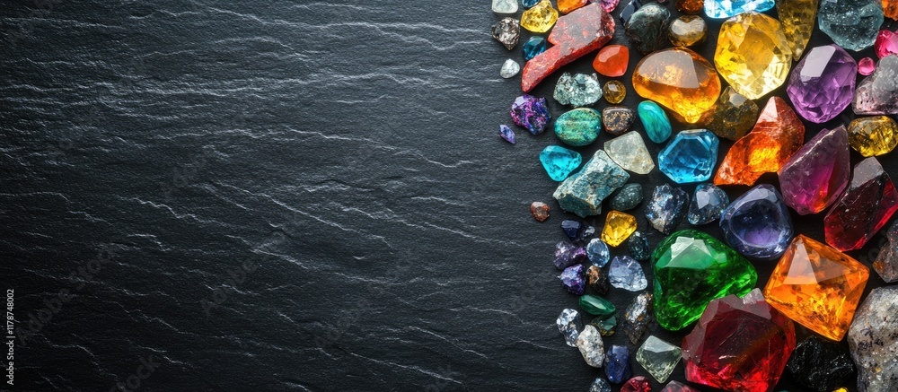 Poster colorful assortment of gemstones on dark background highlighting unique texture and elegance with em