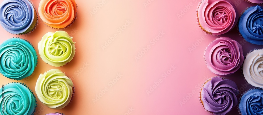 Poster colorful cupcakes in a spiral arrangement set against a gradient background with ample space for tex