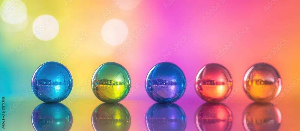 Poster vibrant disco balls reflecting colorful lights on soft background with empty space for creative text