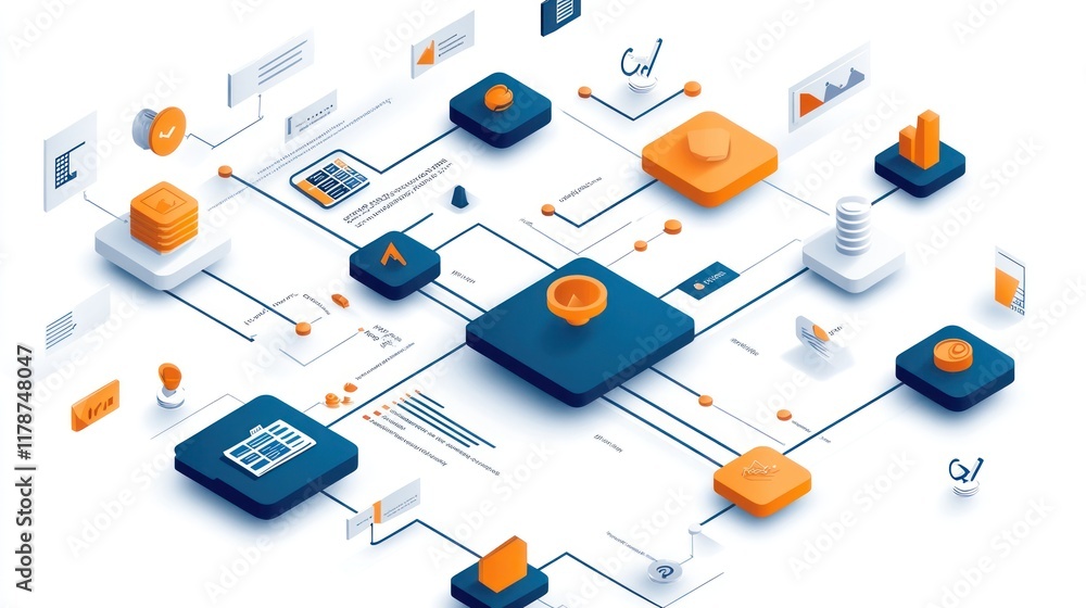 Poster networked data blocks and icons illustrate complex system.