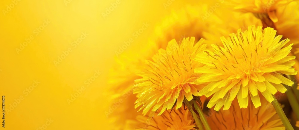 Poster bright dandelion flowers in soft focus with a vibrant yellow background ideal for adding text or enh