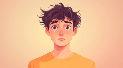 Sad teen boy portrait illustration.