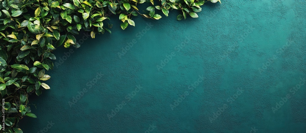 Poster green wall with lush foliage creating a natural background for text placement and environmental mess