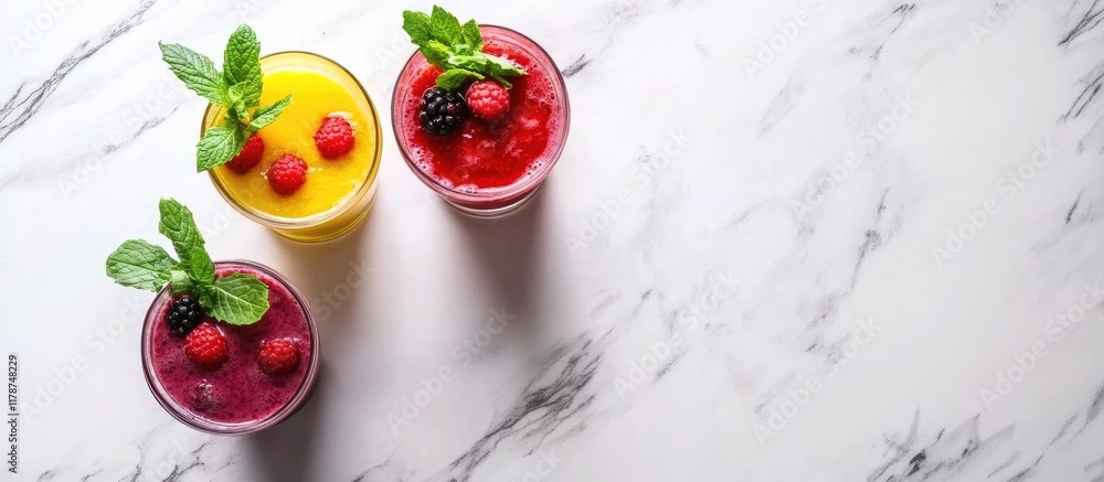 Poster refreshing colorful fruit smoothies in glasses with berries and mint on marble countertop with space