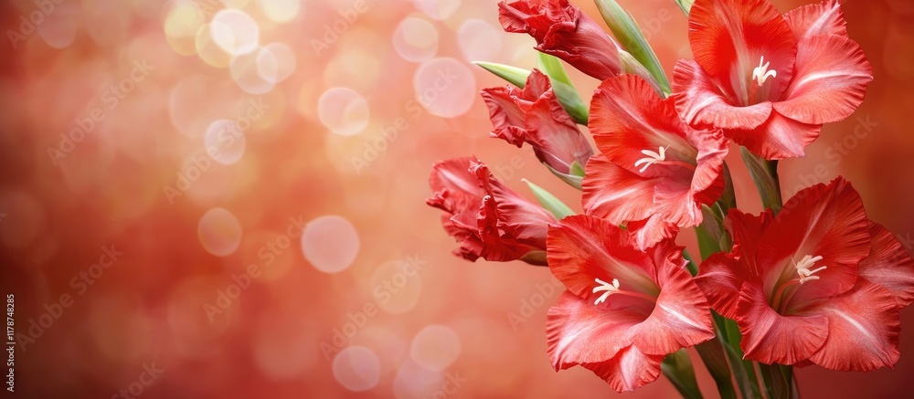 Poster vibrant gladiolus flowers in macro shot with colorful background and space for text suitable for flo