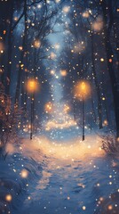 Naklejka premium Abstract blurred bokeh glow softly scattered along a frosty forest trail with snow-covered trees evoking a serene seasonal feel