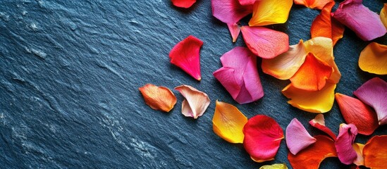 Vibrant flower petals on slate background with aromatic oils for wellness and space for text or branding in a wellness context