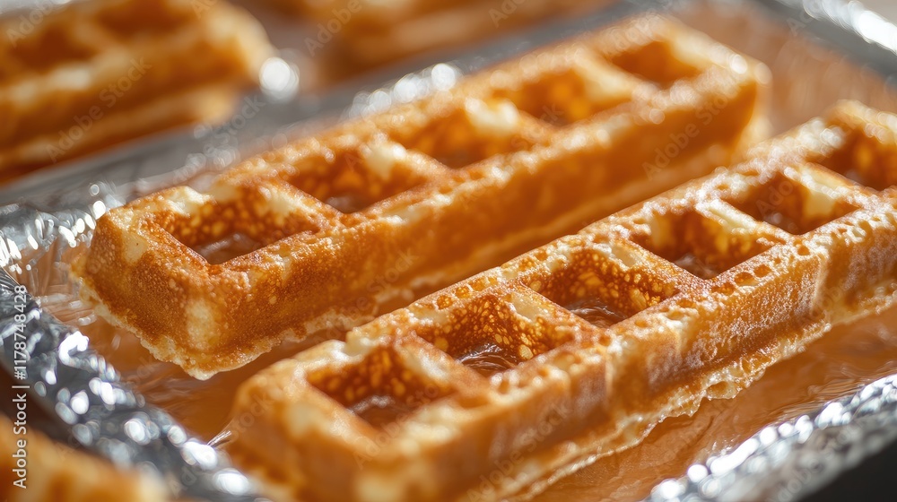 Poster waffle sticks arranged in a shiny foil tray showcasing their golden crispy texture and unique rectan
