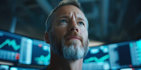 A focused man contemplates market trends, surrounded by financial screens displaying data and graphs.
