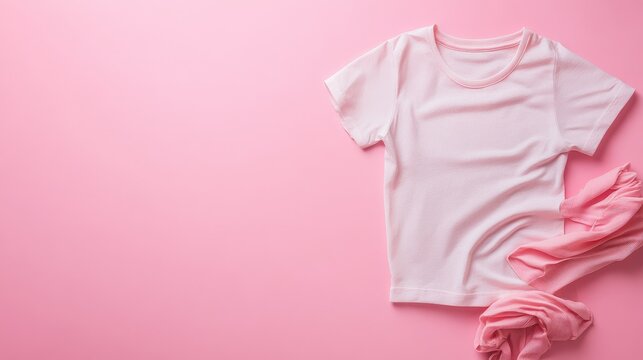 White T shirt displayed on a soft pink backdrop ideal for adding custom text or branding elements for promotional use
