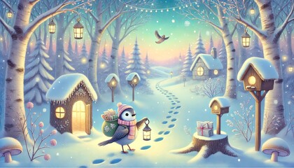 A Whimsical Winter Scene of a Bird Postman Journeying Through a Magical Snowy Forest to Deliver Glowing Parcels to Enchanted Homes