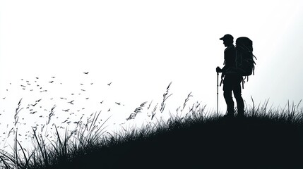 Silhouette of hiker with backpack on hilltop.