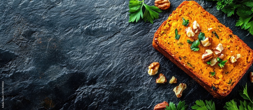 Poster whole wheat roasted pumpkin bread slice with nuts and parsley on dark background with empty space fo