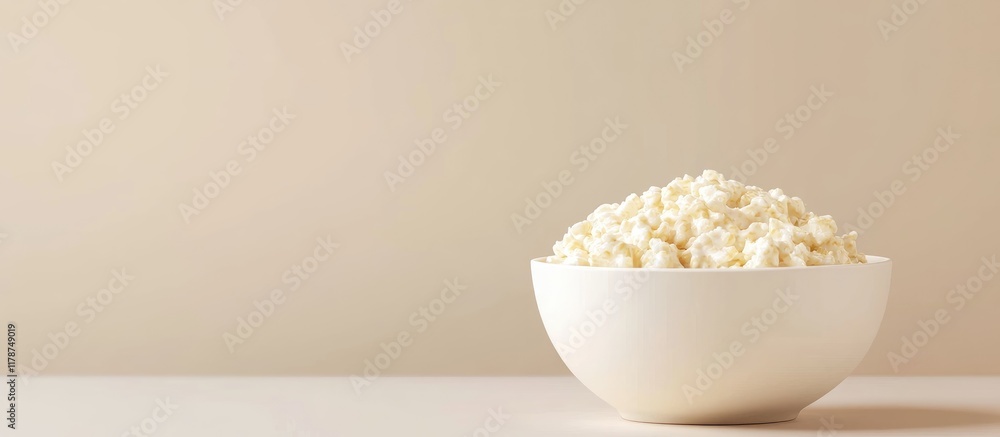 Poster freshly cooked oatmeal in a white bowl on a neutral background with ample empty space for text or br