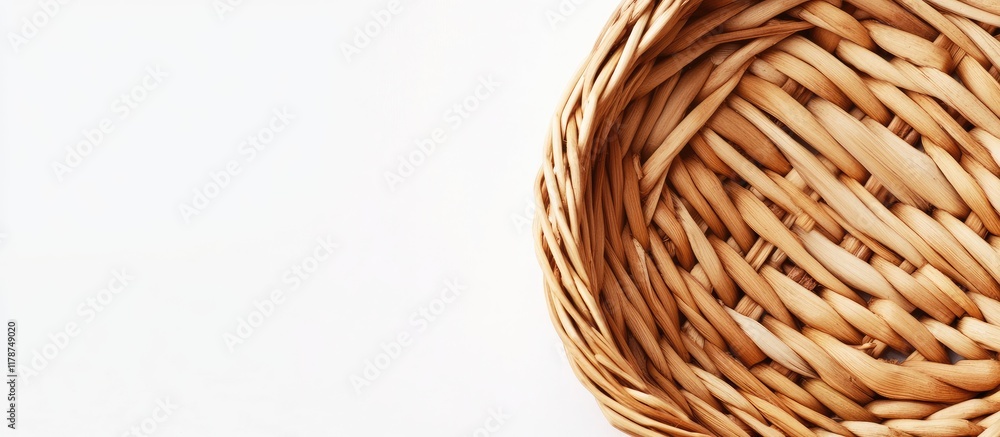 Poster wicker basket in round shape with natural texture on white background for versatile design and marke