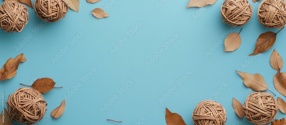 Poster wicker frame with dry leaves and wicker balls on blue background creating empty space for decorative