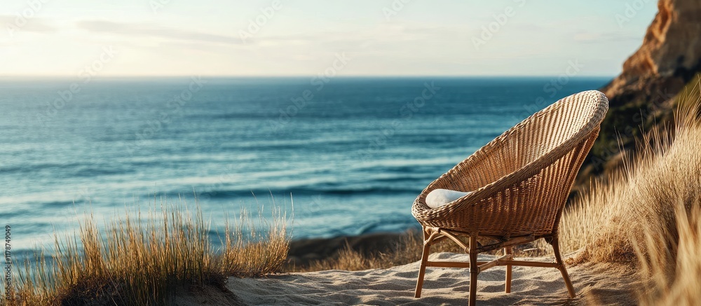 Poster wicker chair on a tranquil beach with ocean view showcasing serene nature and empty space for creati