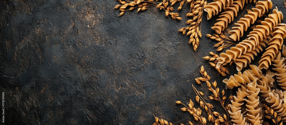 Poster whole wheat fusilli pasta on dark background with space for custom text or branding