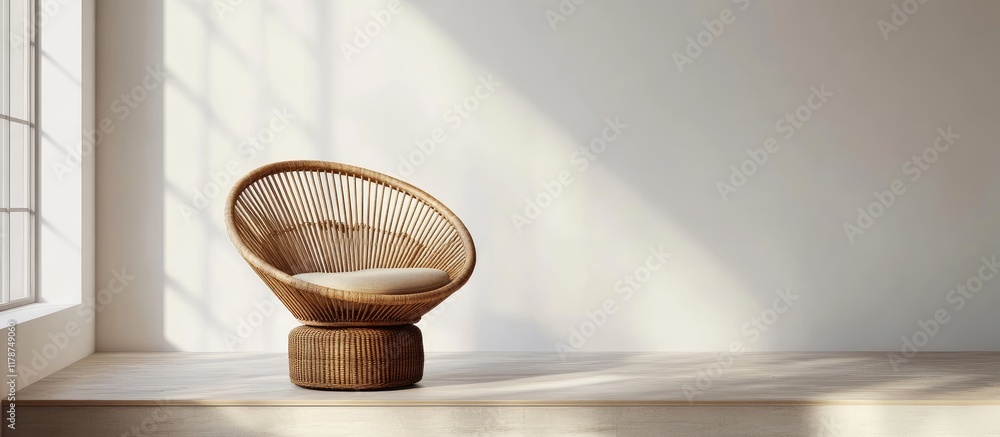 Poster wicker chair on minimalistic platform in bright interior with spacious empty area for text and desig