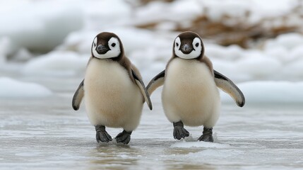 Obraz premium Two adorable penguin chicks walking on ice in a snowy landscape.
