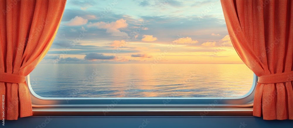 Aufkleber ship window with orange curtains overlooking tranquil water at sunset 3d rendering featuring empty s