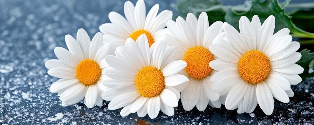 Wall mural Delicate Trio of White Flowers with Bright Yellow Centers Gracefully Arranged on a Dark Black Surface Creating a Bold Contrast