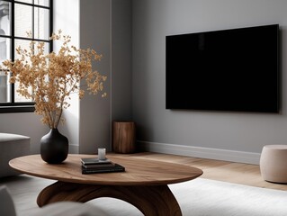 A black frame TV mounted on a gray wall in a minimalist living room with a wooden coffee table, beige pouf, and a black vase holding dried flowers
