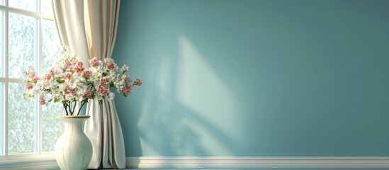 Serene interior with window, curtains, and a vase of flowers featuring ample empty space for customizable text or branding elements