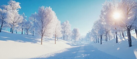 Naklejka premium Snow-covered forest road under bright sunlight with trees lining a pristine landscape against a clear blue sky creating a serene winter scene