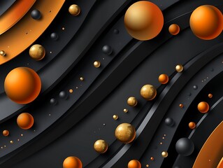 Dynamic 3D design with black, orange, and gold shapes and spheres on a dark grey backdrop, vector art.