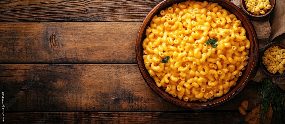Aufkleber caribbean style macaroni and cheese in a bowl on rustic wooden table with empty copy space for text 