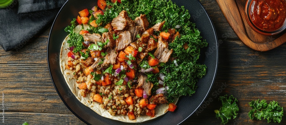Aufkleber carnitas taco plate featuring kale salad and vibrant toppings with empty space for text on a rustic 