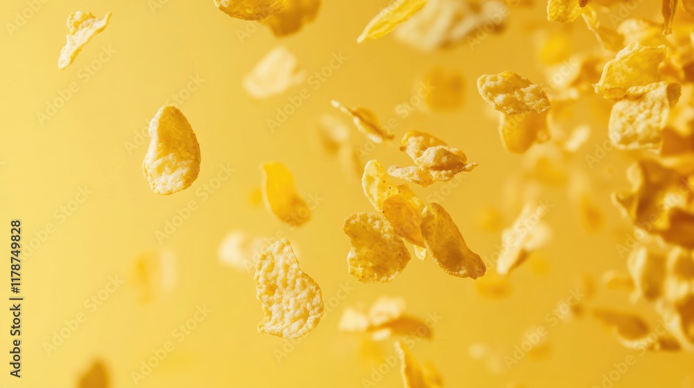 Poster falling corn chips creating dynamic motion on bright yellow background with copyspace