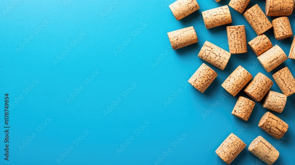Poster cork stoppers scattered on a vibrant blue background creating an inviting empty space for text or de